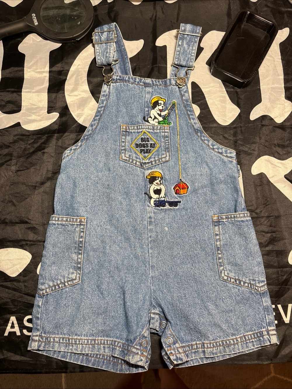 Kids Light Blue Denim Short Overalls with Playful Dog Patches